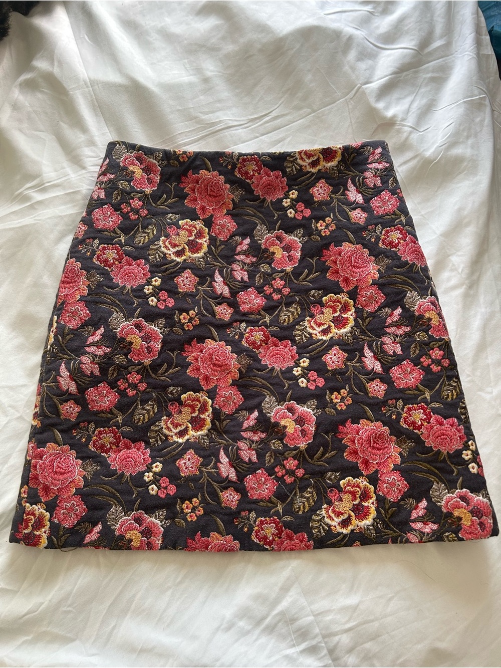 LOFT Black Floral Jacquard Mini Skirt with Pink and Gold Flowers 0